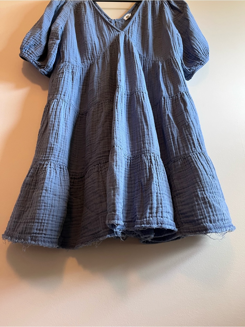 Aerie Blue V-Neck Tiered Puff-Sleeve Women's Mini Dress - Picture 5 of 7